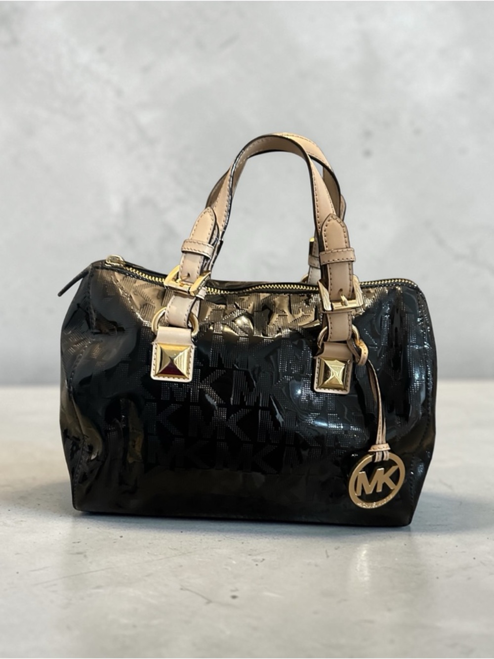 Michael Kors Grayson Black Patent Logo Embossed Satchel Duffle Bag